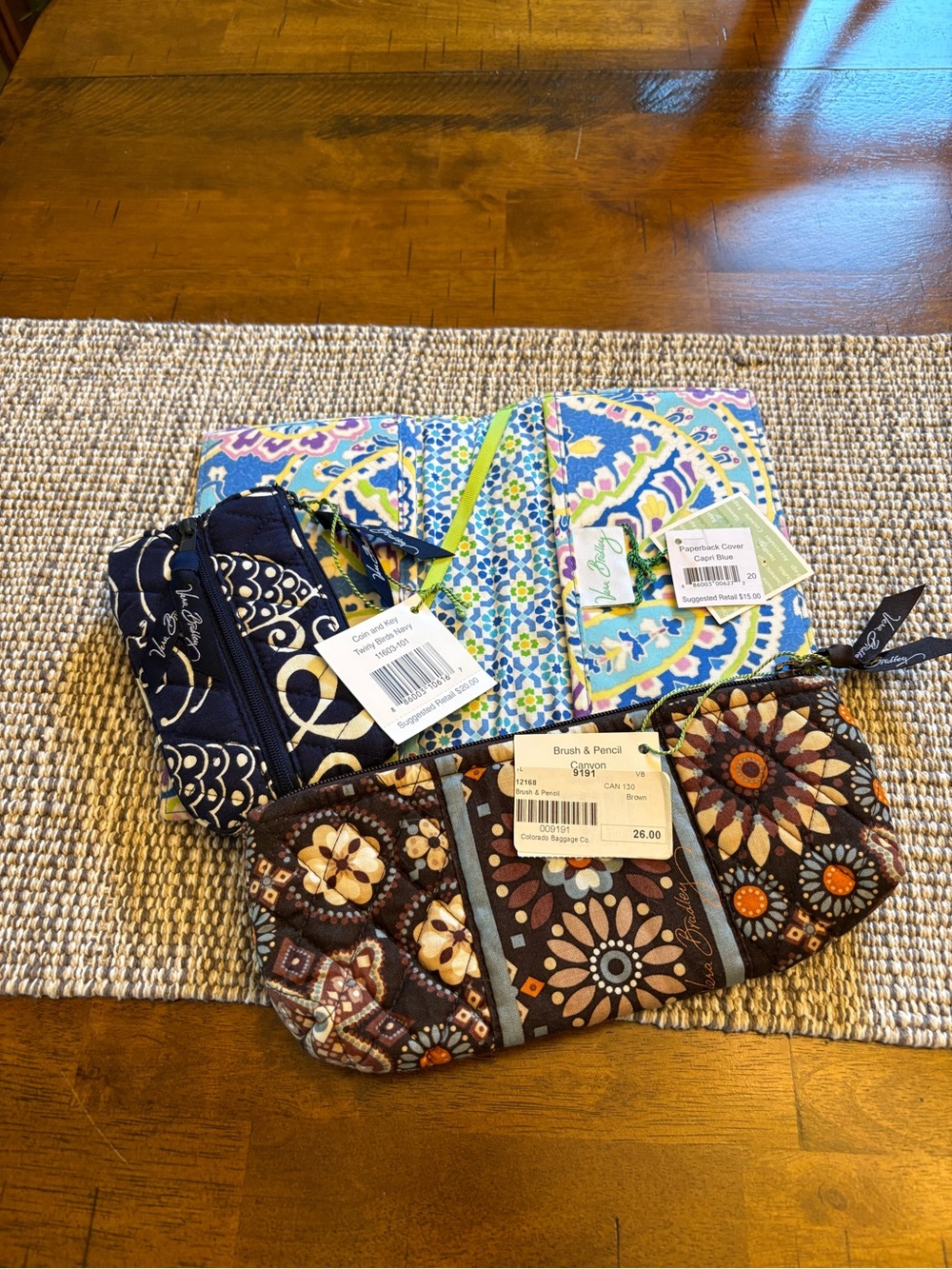 Vera Bradley 3 pieces, Blue, Navy & Brown Patterned Pouches
